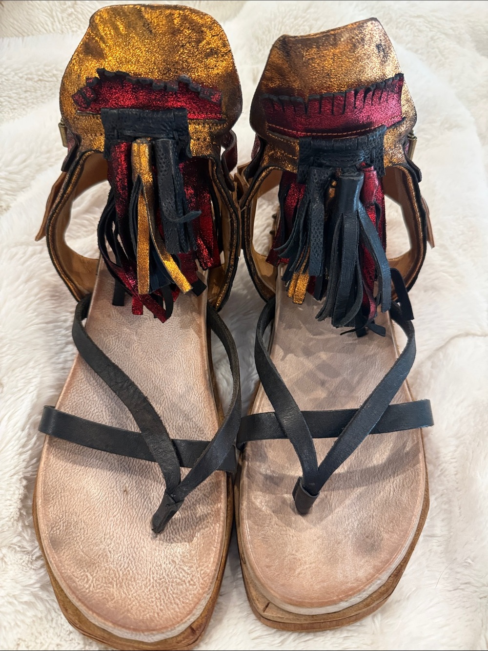 A.S.98 Metallic Gold and Red Tassel Leather Sandals with Black Straps